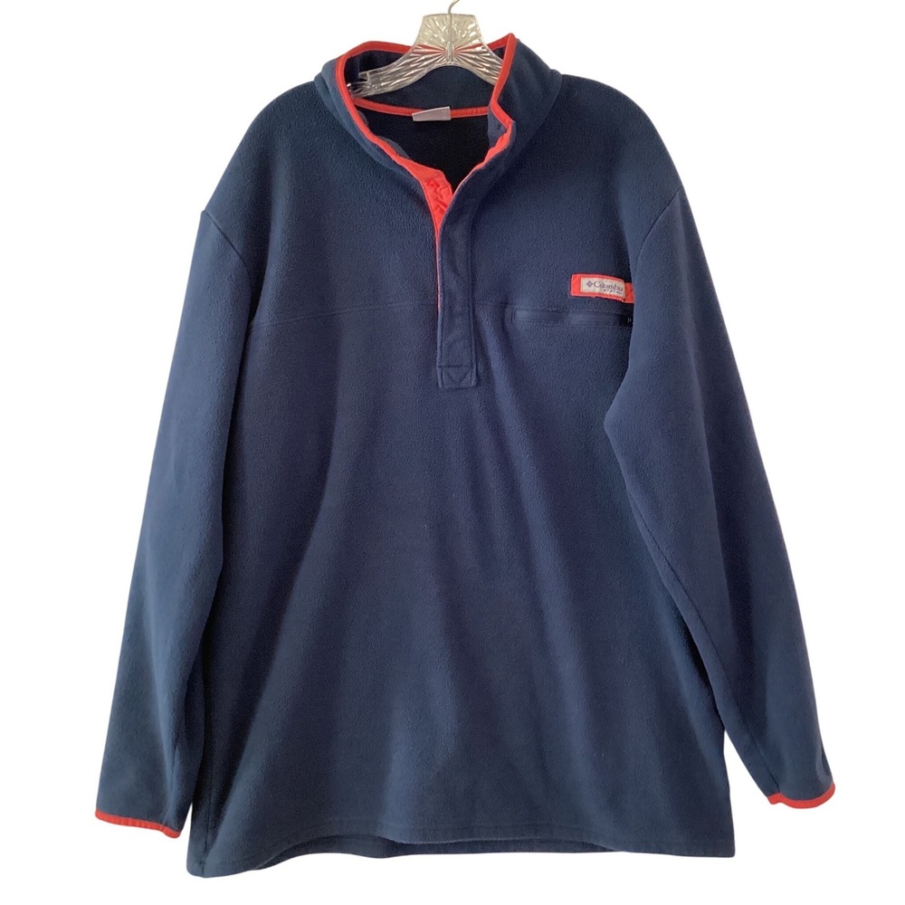 Columbia‎ PFG Mens XXL Navy Blue Red Snap 1/4 Fleece Pullover Jacket